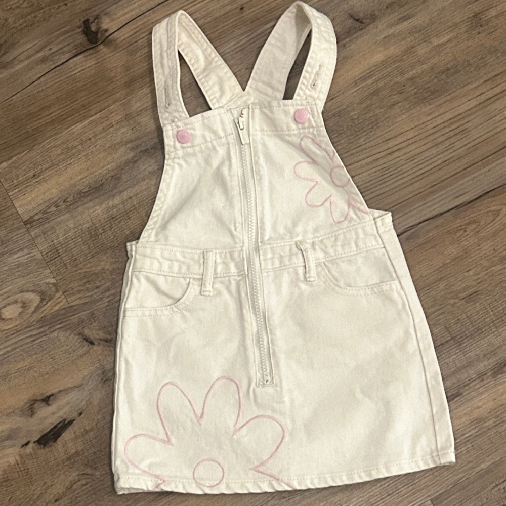 Old Navy Girl’s  Cream Overall Dress with Pink Accents
